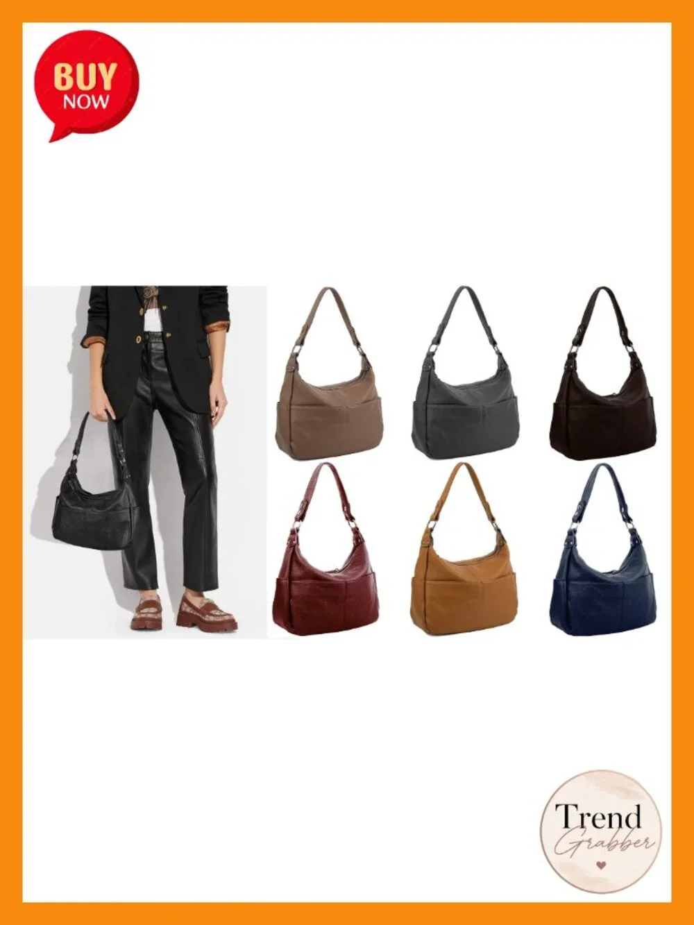 Real Leather Hobo Shoulder Bag with 2 Zip Pockets Convertible Handbag